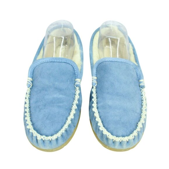 LL Bean Blue Suede Wicked Good Shearling Lined Venetian Slippers Size 8 M - Picture 5 of 9